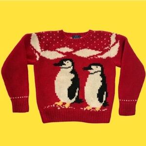 Penguin Wool Sweater Winter Red Christmas Holiday